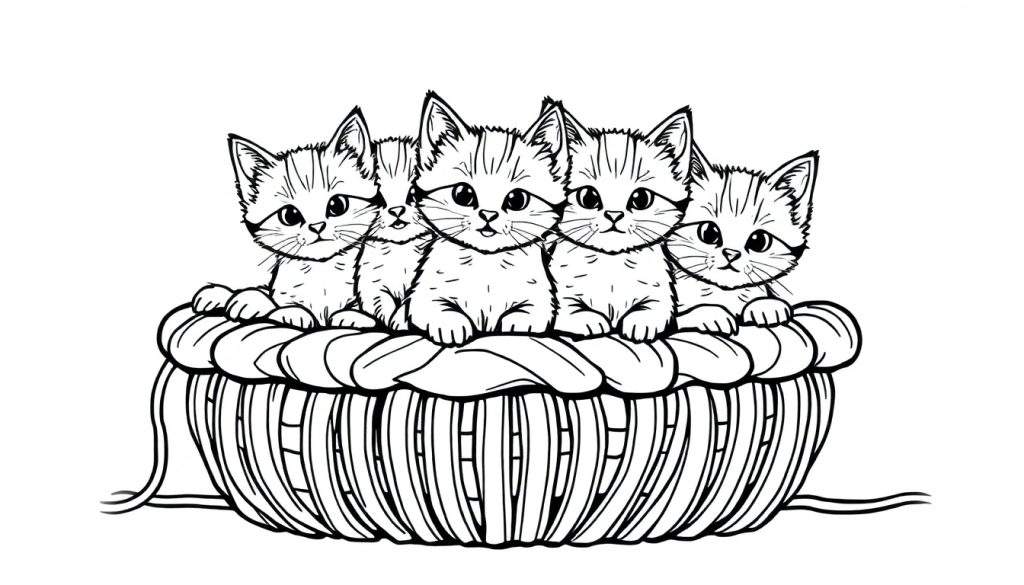 Zwart-witte lijntkening van vijf schattige kittens die dicht bij elkaar zitten in een bol wol, klaar om ingekleurd te worden.