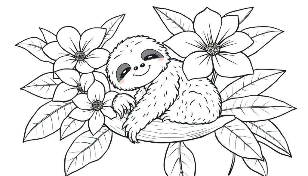 Kleurplaat van een schattige, glimlachende luiaard die op een tak ligt, omringd door bloemen en bladeren.