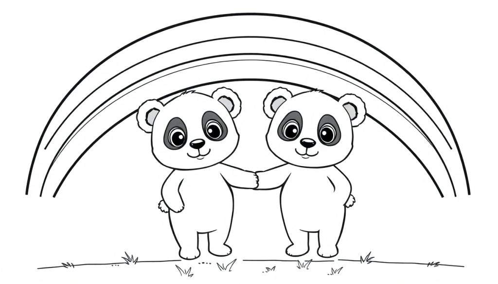 Line drawing kleurplaat van twee schattige panda's die hand in hand staan, met een regenboog op de achtergrond en wat gras aan hun voeten. De panda's zijn zwart-wit met grijze binnenoortjes en glimlachen.