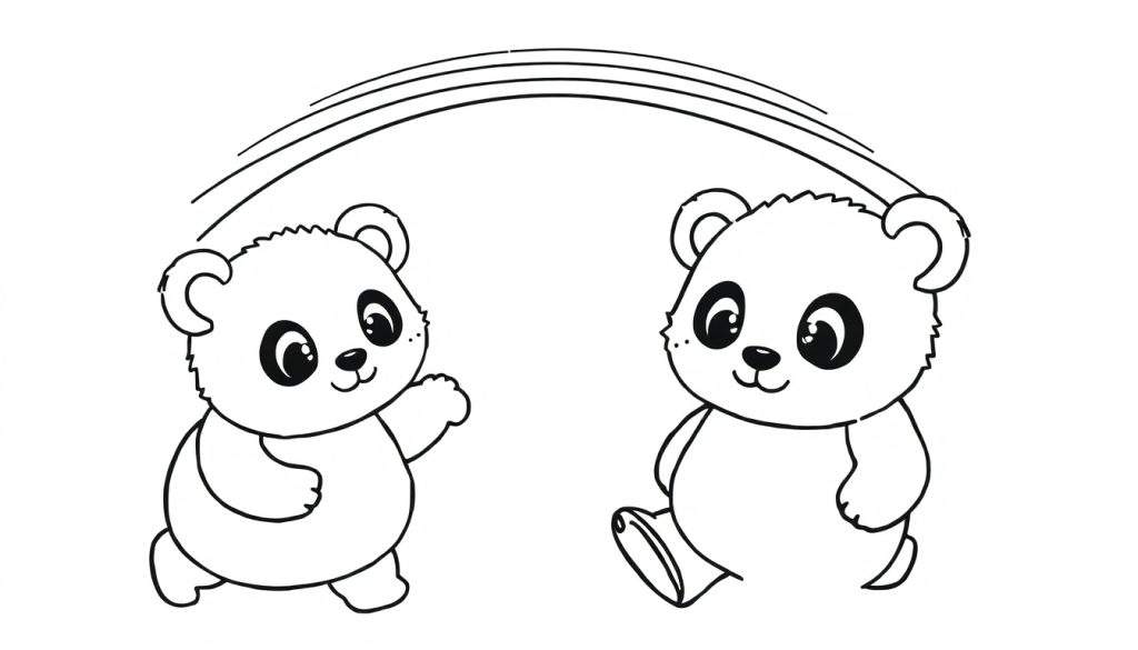 Kleurplaat van twee schattige, lachende panda's die spelen, met een gebogen lijn erboven.