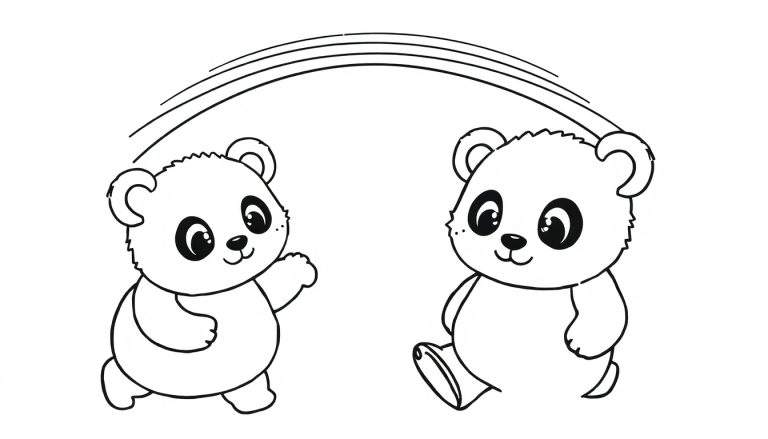 Kleurplaat van twee schattige, lachende panda's die spelen, met een gebogen lijn erboven.