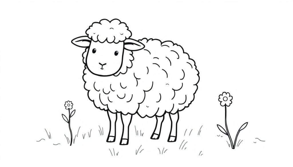 Kleurplaat van een schattig getekend schaap met een pluizige vacht, staand in een veldje met gras en twee bloemen aan weerszijden.