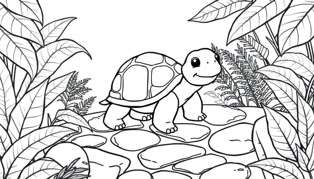 Zwart-wit lijntekening van een schattig schildpadje met een glimlach, staand op een stenen pad omringd door grote tropische bladeren en varens.