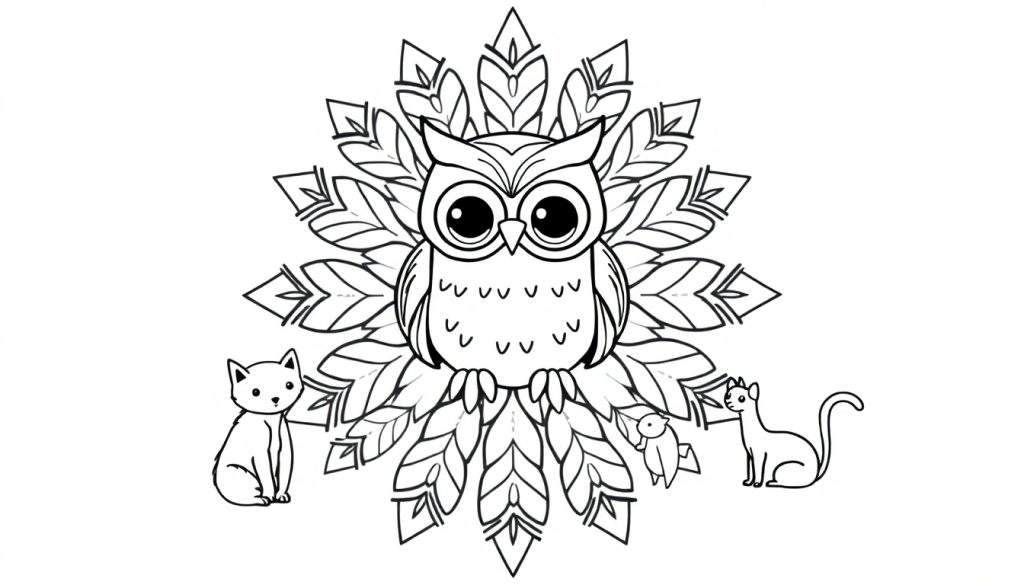 Kleurplaat van een grote, schattige uil met grote ogen, omringd door een decoratief, symmetrisch patroon. Twee katten zitten aan weerszijden van de uil, met een klein vogeltje of muisje onderaan.