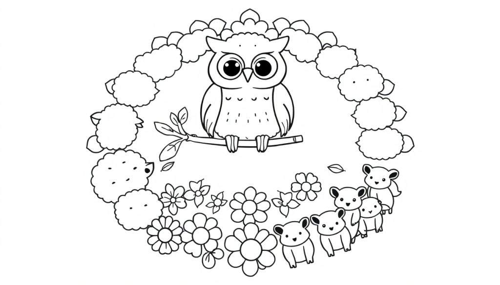 Kleurplaat van een grote, schattige uil op een tak, omringd door wolken, een egel, kleine diertjes en bloemen.