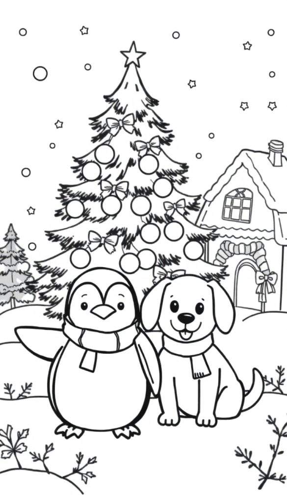 Kleurplaat van een schattige pinguïn en hondje met kerstmutsen, een kerstboom en een huisje in de sneeuw.