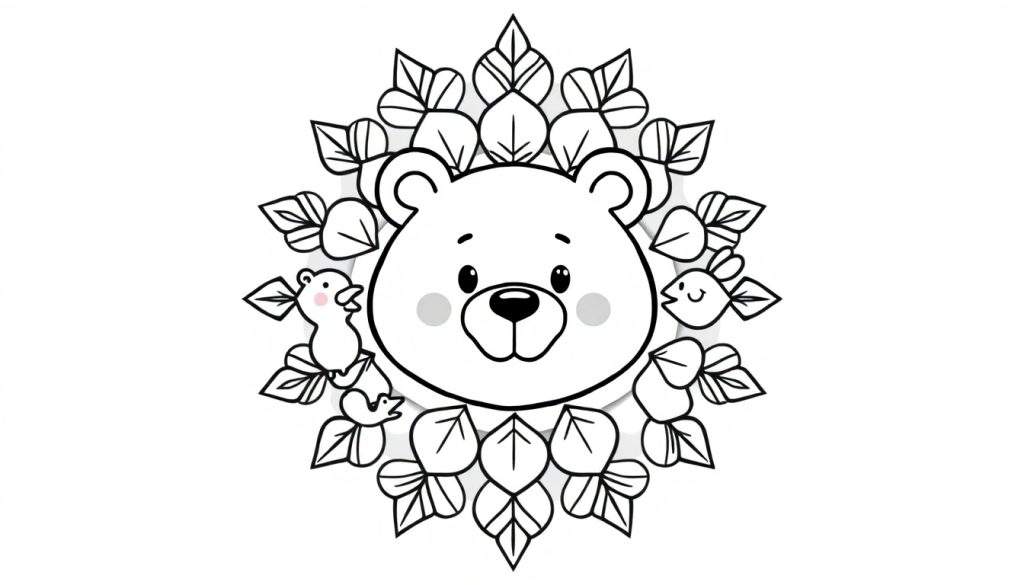 Zwart-wit kleurplaat van een schattige berenkop met roze blosjes, omringd door een krans van gestileerde bladeren, met twee kleine vogeltjes aan weerszijden. Een vogeltje zingt en heeft een blosje, het andere vogeltje lacht.