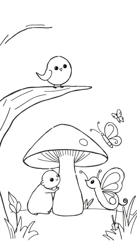 Kleurplaat met een vogeltje op een tak, een paddenstoel, een knaagdiertje, vlinders en plantjes.