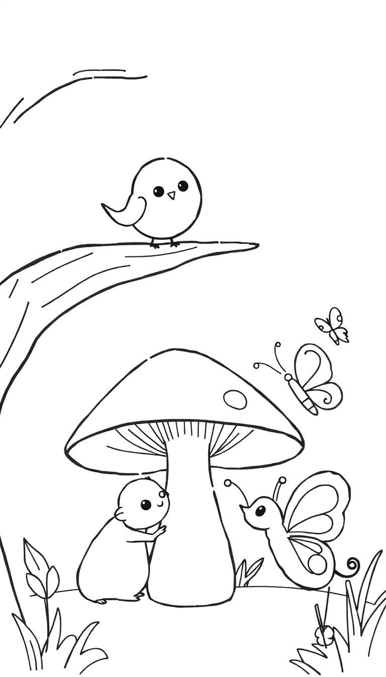 Kleurplaat met een vogeltje op een tak, een paddenstoel, een knaagdiertje, vlinders en plantjes.