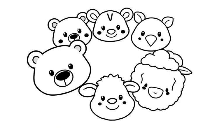 Kleurplaat met diverse schattige dierenkoppen in een cirkel, waaronder beren, een tijger, een vogel, een schaap en een egel. Ze hebben grote ogen en glimlachen.