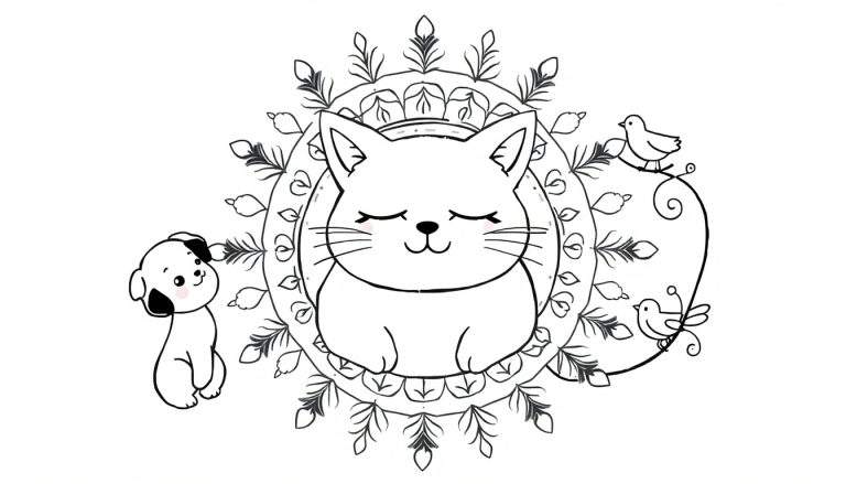 Zwart-witte kleurplaat met een slapende kat in een mandala, een zittend hondje en twee vogeltjes op een tak.