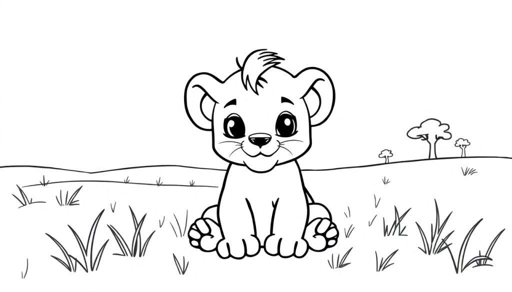 Een lieve leeuwenwelp kleurtint met grote ogen en een glimlach, zittend in een savannelandschap.