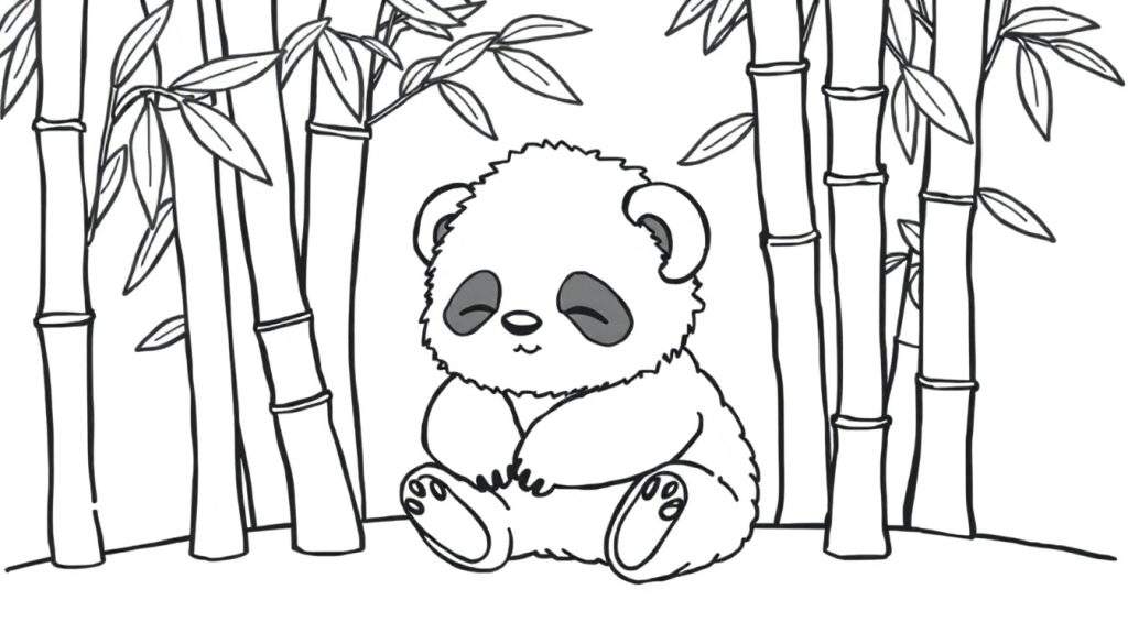 Schattige, pluizige panda met gesloten ogen en een glimlach, zittend in een bamboebos. Zwart-witte lijntekening.