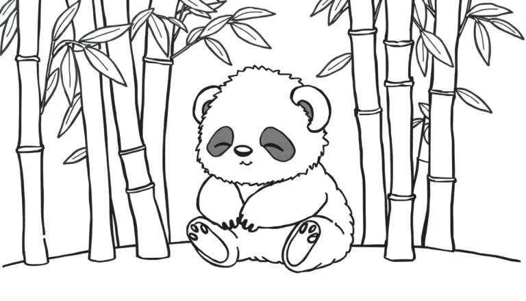 Schattige, pluizige panda met gesloten ogen en een glimlach, zittend in een bamboebos. Zwart-witte lijntekening.