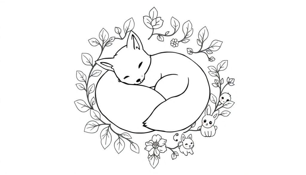 Een kleurplaat met een slapende vos in een cirkel van bladeren, met drie konijntjes en een bloem.