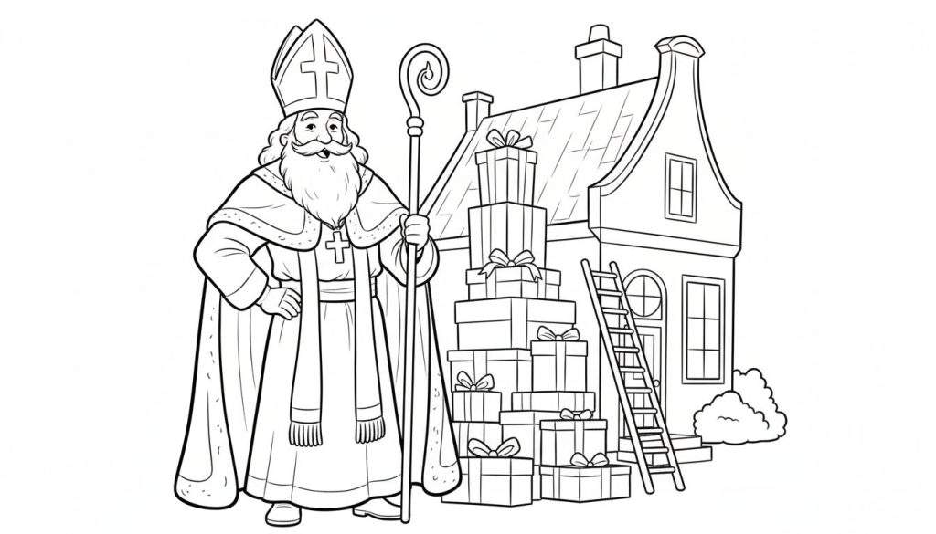 Kleurplaat van Sinterklaas die voor een huis met cadeaus staat.
