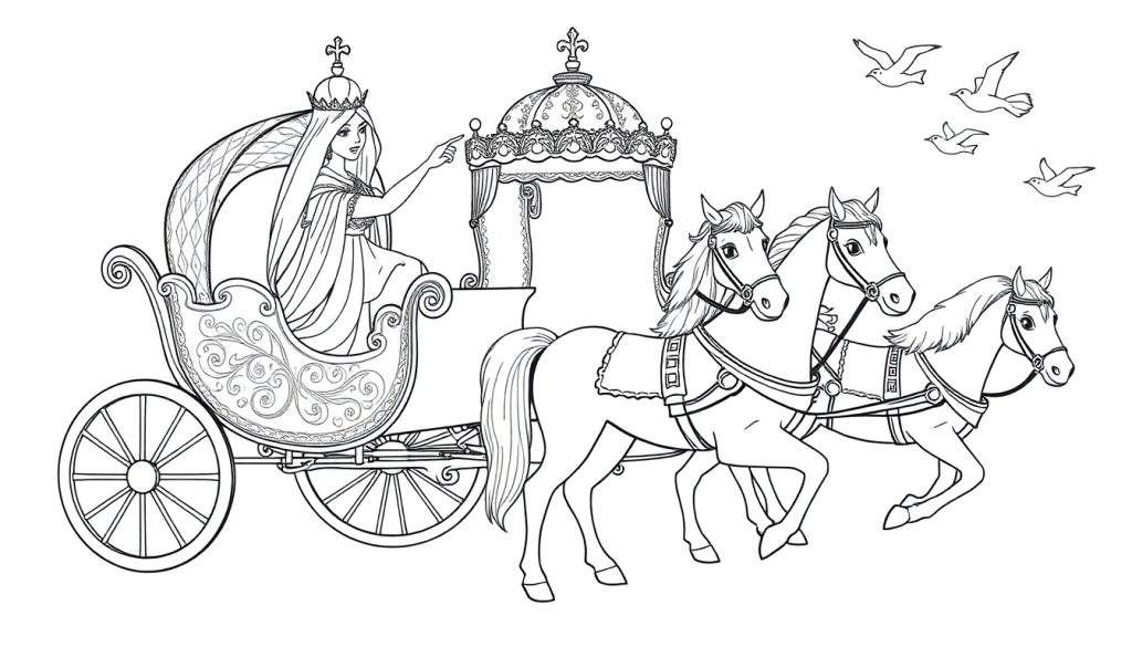 Kleurplaat van een prinses in een sierlijke, gedecoreerde koets getrokken door drie paarden. Vier vogels vliegen bovenin de afbeelding.