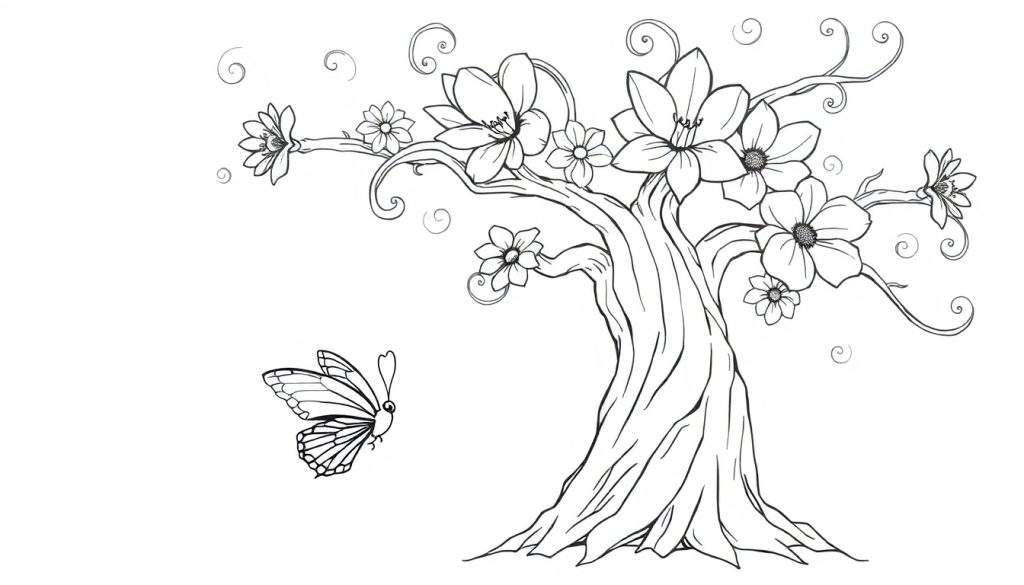 Gedetailleerde zwart-wit lijntekening van een fantasieboom met grote bloemen, een vliegende vlinder en sierlijke spiralen, ideaal om in te kleuren.