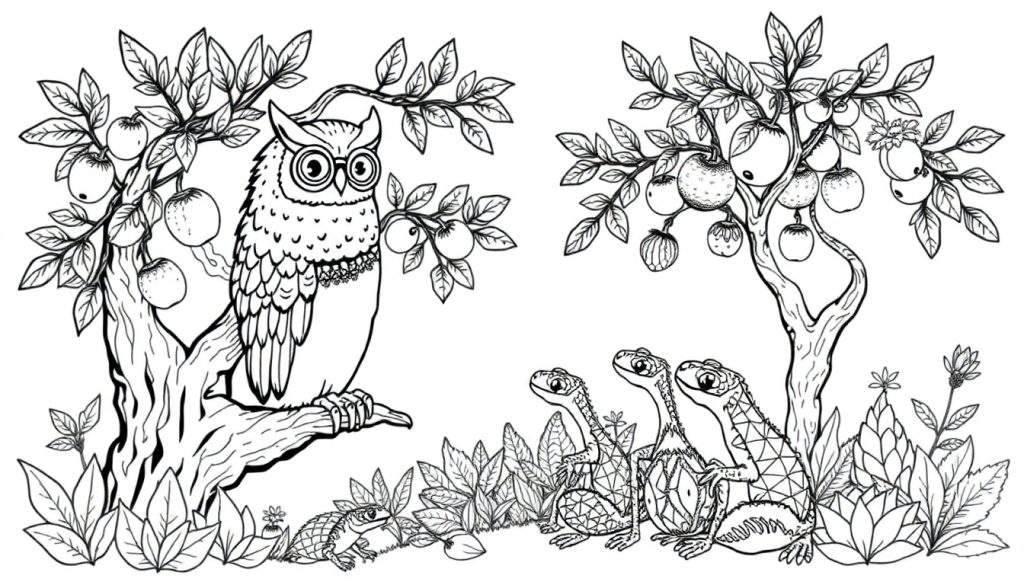 Zwart-wit lijntekening van een boslandschap met een uil met bril op een appelboom en geometrische hagedissen op de grond.