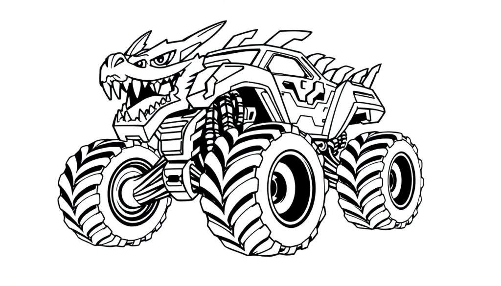 Zwart-witte lijntekening van een monstertruck met een drakenkop als voorkant, grote banden en een stoer uiterlijk, klaar om ingekleurd te worden.