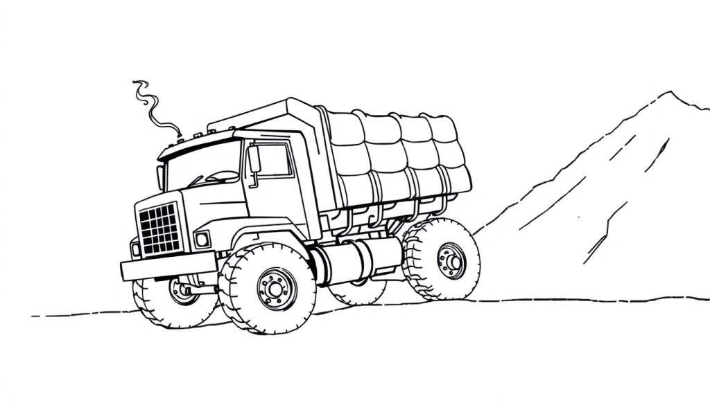 Zwart-wit tekening van een grote, zware vrachtwagen op een onverharde ondergrond met een heuvel op de achtergrond.