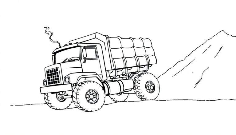 Zwart-wit tekening van een grote, zware vrachtwagen op een onverharde ondergrond met een heuvel op de achtergrond.