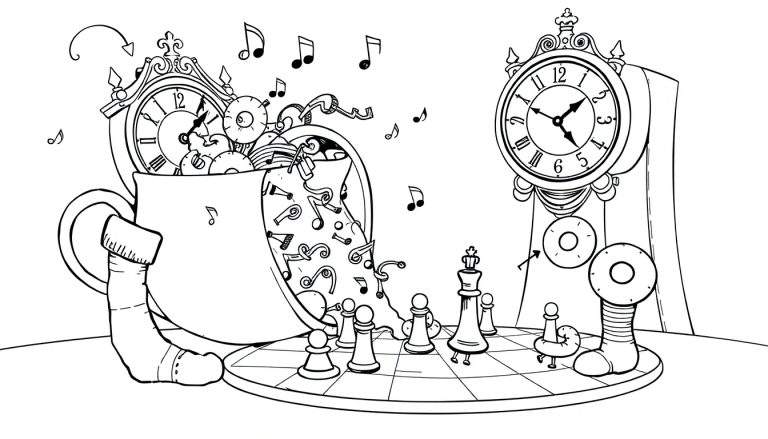 Kleurplaat van een surrealistische scène met een mok waaruit klokonderdelen en muzieknoten stromen, een staartklok, een schaakbord met schaakstukken en zwevende muzieknoten.