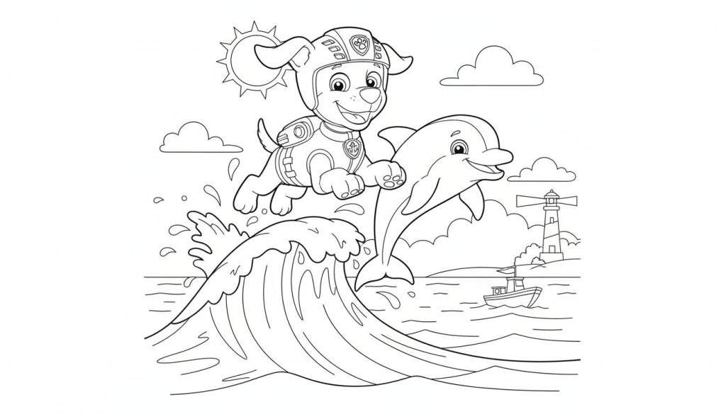 Kleurplaat van Zuma van Paw Patrol met helm en reddingsvest die samen met een lachende dolfijn uit het water springt over een golf, met vuurtoren en bootje op de achtergrond.