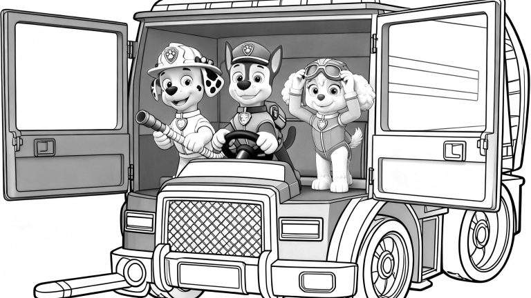 Zwart-wit kleurplaat van Paw Patrol met Marshall, Chase en Skye in een reddingsvoertuig. Marshall houdt een brandweerslang vast, Chase zit achter het stuur en Skye heeft haar vliegersbril vast.