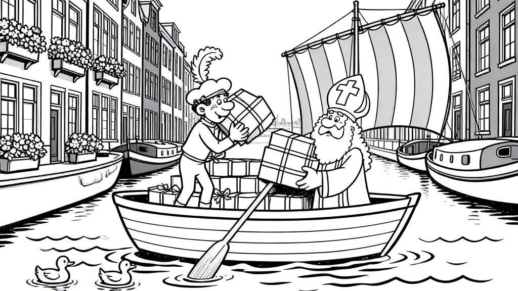 Kleurplaat van Sinterklaas en Piet in een roeiboot vol cadeautjes op een Nederlandse gracht, omringd door grachtenpanden, een zeilschip en eendjes.