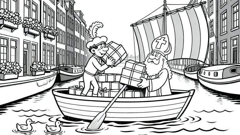 Kleurplaat van Sinterklaas en Piet in een roeiboot vol cadeautjes op een Nederlandse gracht, omringd door grachtenpanden, een zeilschip en eendjes.