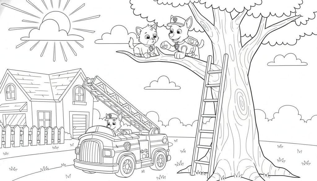 Kleurplaat van Paw Patrol pup Marshall in zijn brandweerwagen, onderweg om een katje en een andere pup uit een hoge boom te redden. Een huis staat links, zon en wolken boven.