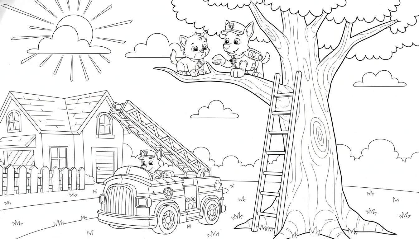Kleurplaat van Paw Patrol pup Marshall in zijn brandweerwagen, onderweg om een katje en een andere pup uit een hoge boom te redden. Een huis staat links, zon en wolken boven.