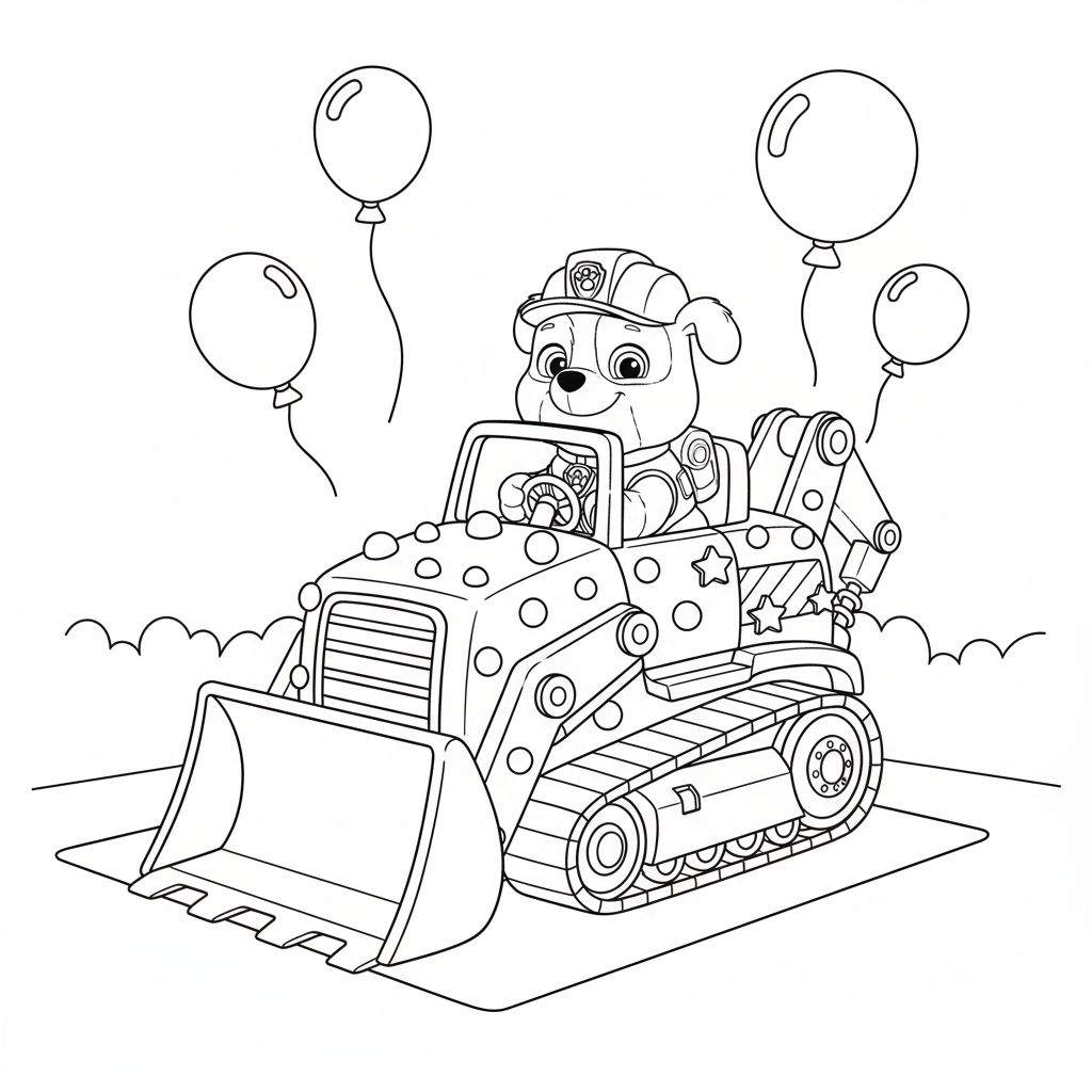 Zwart-wit kleurplaat van Rubble de puppy in een bulldozer, met bouwhelm en uniform, lachend achter het stuur. Vier ballonnen zweven erboven en de ondergrond bestaat uit golvende lijnen.