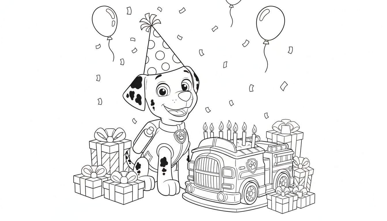 Zwart-wit kleurplaat van Marshall uit Paw Patrol met feesthoed, lachend bij een brandweerauto verjaardagstaart met 7 kaarsjes, omringd door cadeautjes, ballonnen en confetti.