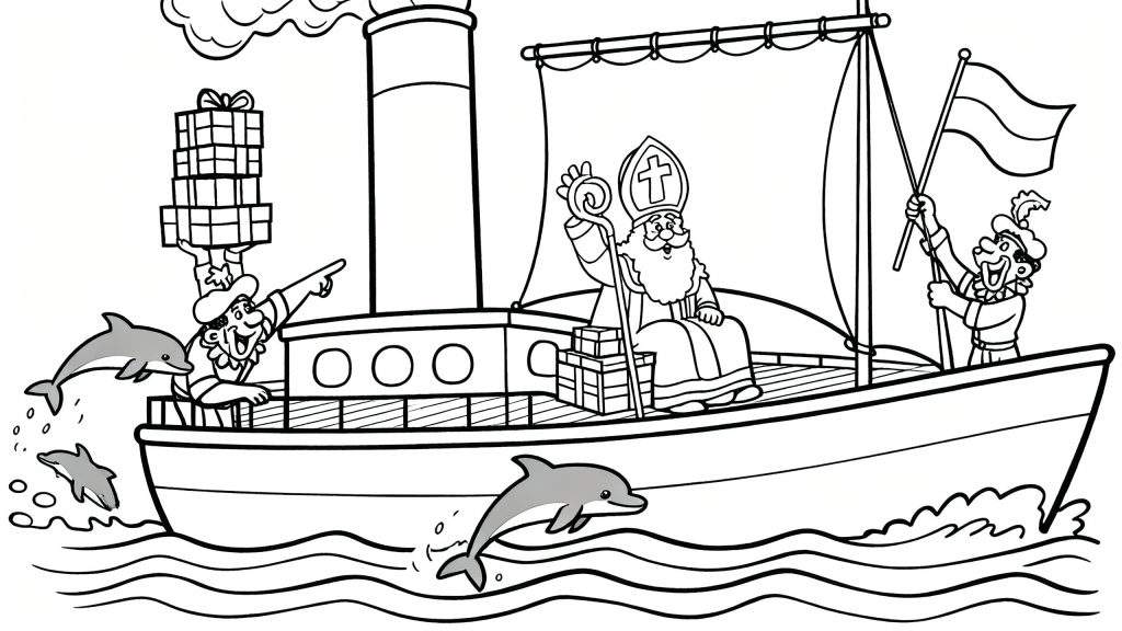 Zwart-wit kleurplaat van Sinterklaas die per stoomboot aankomt, met een mijter op, zwaaiend en zijn staf vasthoudend. Pieten houden cadeaus en een vlag vast. Dolfijnen springen vrolijk uit het water rondom de boot.