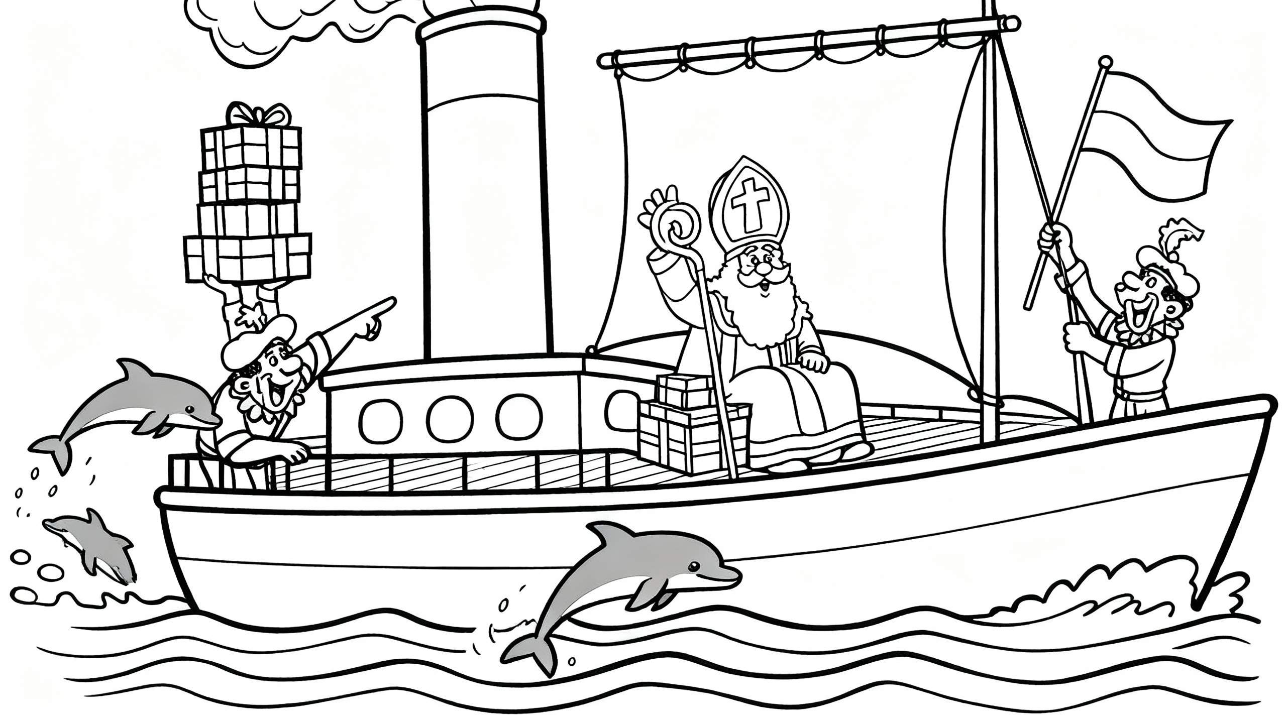 Zwart-wit kleurplaat van Sinterklaas die per stoomboot aankomt, met een mijter op, zwaaiend en zijn staf vasthoudend. Pieten houden cadeaus en een vlag vast. Dolfijnen springen vrolijk uit het water rondom de boot.