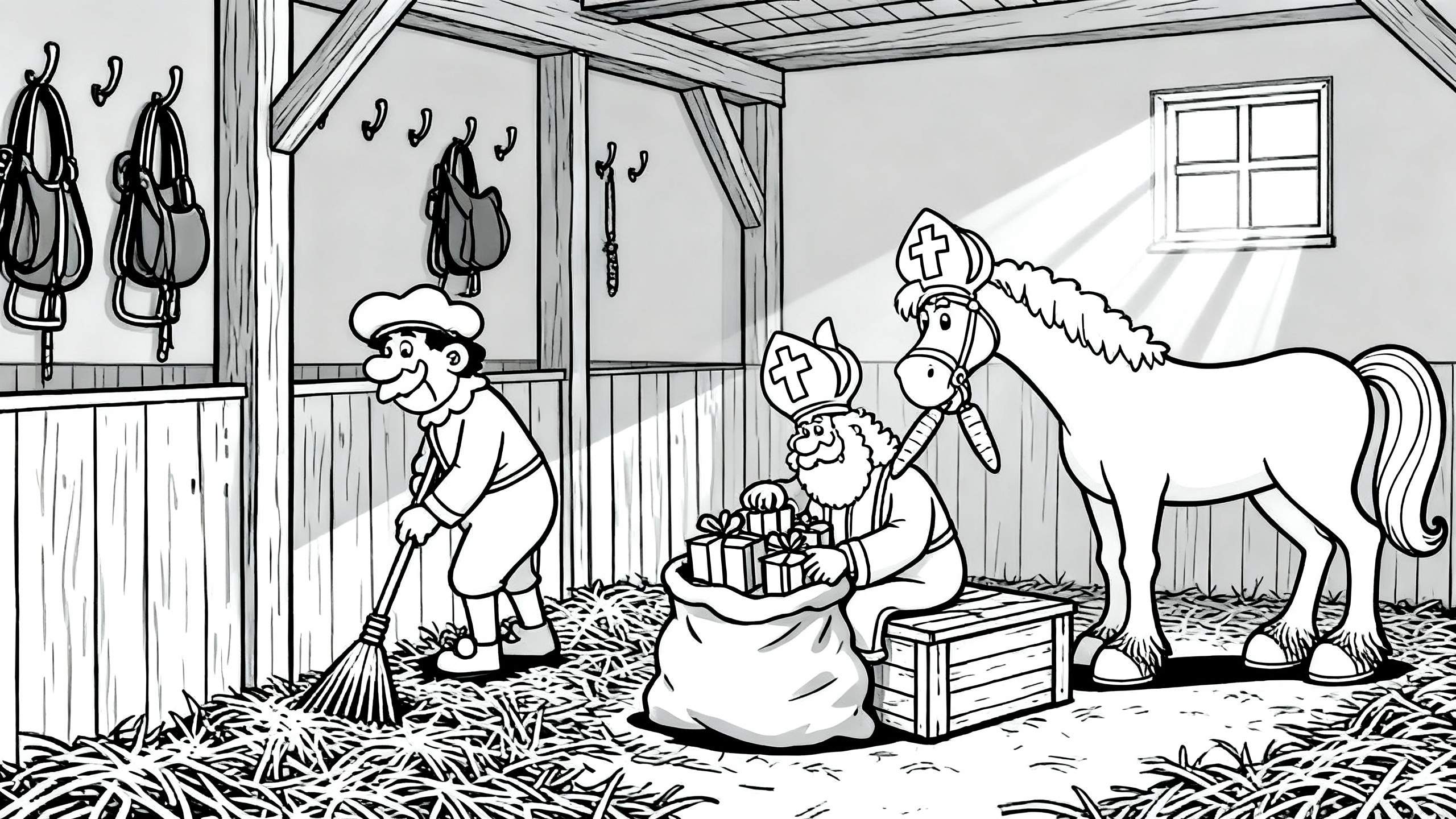 Sinterklaas kleurplaat: Vrolijke cartoon stalscène met man die stro veegt, Sinterklaas met cadeaus op een kistje, en paard Amerigo met mijter en wortel.