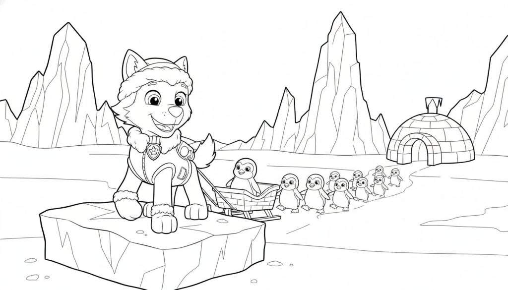 Kleurplaat van Everest de hond die een slee trekt met een pinguïn en gevolgd wordt door een groep pinguïns in een arctisch landschap met ijsbergen en een iglo.