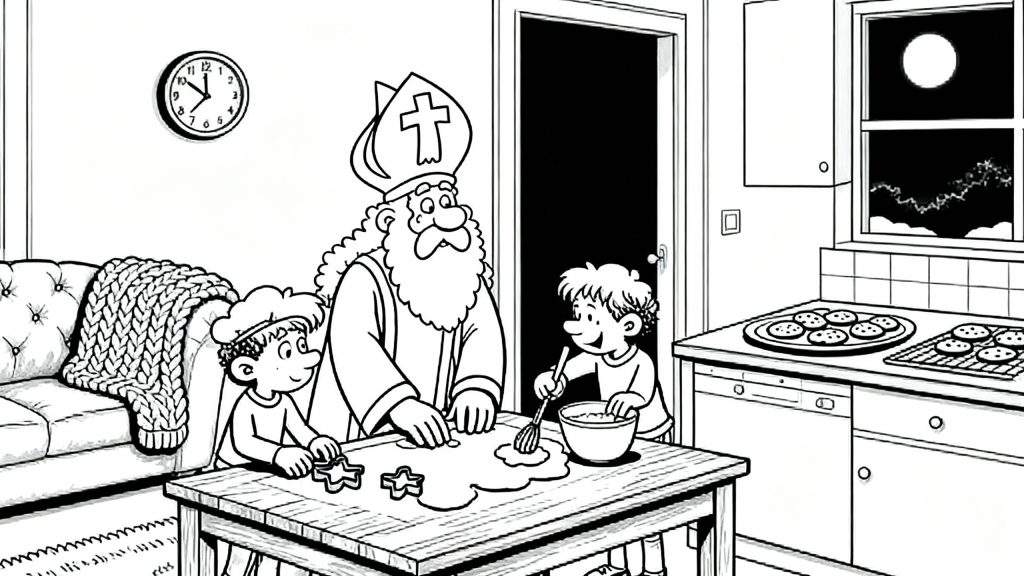 Kleurplaat van Sinterklaas met lange baard en mijter die samen met twee lachende kinderen in koksmutsen koekjes bakt in een gezellige woonkamer en keuken, met gebakken koekjes op het aanrecht en een nachtelijke hemel met volle maan door het raam.