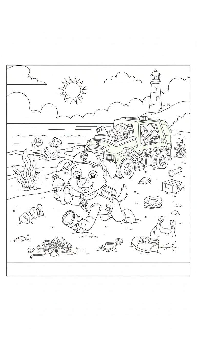 Kleurplaat: Puppy (Rubble/Rocky) ruimt strand op vol afval met recyclingwagen en vuurtoren op de achtergrond.