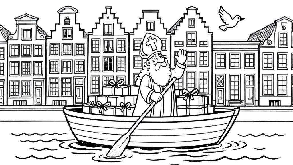 Zwart-wit kleurplaat van Sinterklaas in een roeiboot vol ingepakte cadeaus op een golvende gracht, zwaaiend naar de kijker. Op de achtergrond staan typisch Nederlandse grachtenpanden met diverse gevels en een vogel vliegt rechtsboven in de lucht.