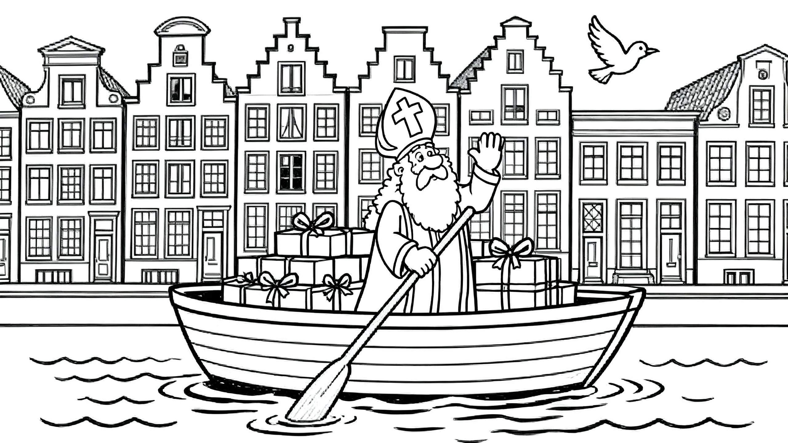 Zwart-wit kleurplaat van Sinterklaas in een roeiboot vol ingepakte cadeaus op een golvende gracht, zwaaiend naar de kijker. Op de achtergrond staan typisch Nederlandse grachtenpanden met diverse gevels en een vogel vliegt rechtsboven in de lucht.