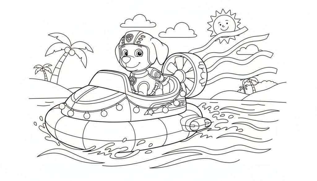 Kleurplaat van Paw Patrol's Zuma in zijn hovercraft met helm, varende door golven. Achtergrond toont tropisch eiland met palmbomen en lachende zon.