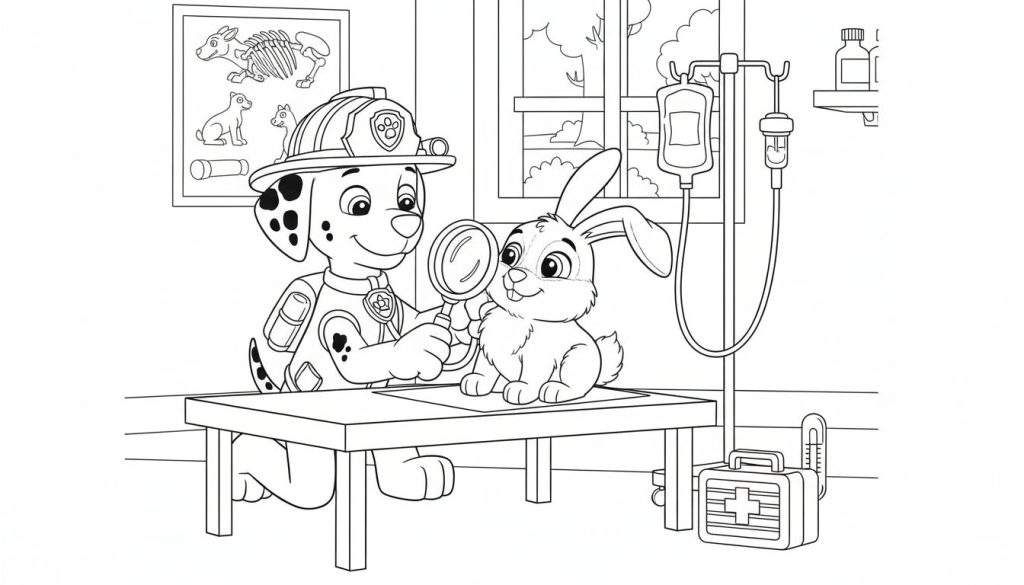Marshall van Paw Patrol als dierenarts met brandweerhelm onderzoekt een konijntje met een vergrootglas op een tafel in een dierenartspraktijk, met medische details op de achtergrond.