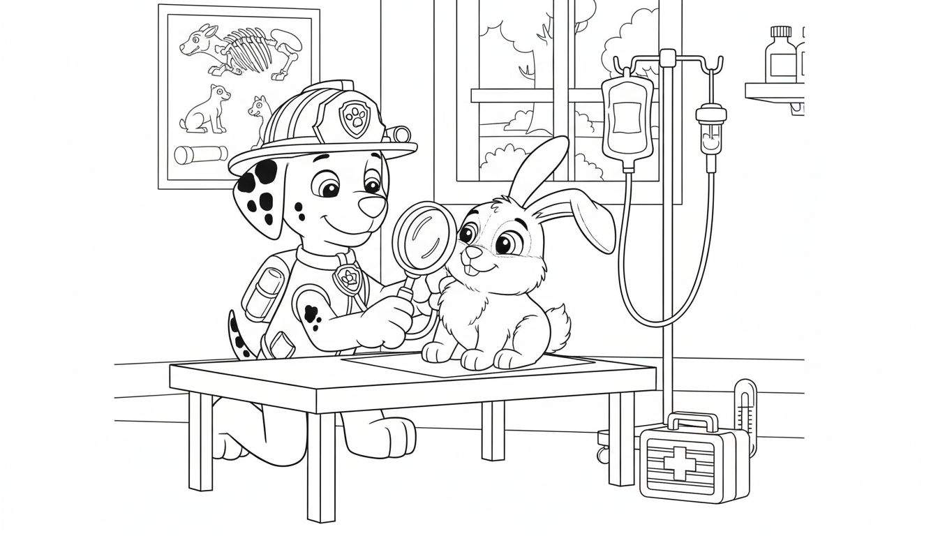 Marshall van Paw Patrol als dierenarts met brandweerhelm onderzoekt een konijntje met een vergrootglas op een tafel in een dierenartspraktijk, met medische details op de achtergrond.