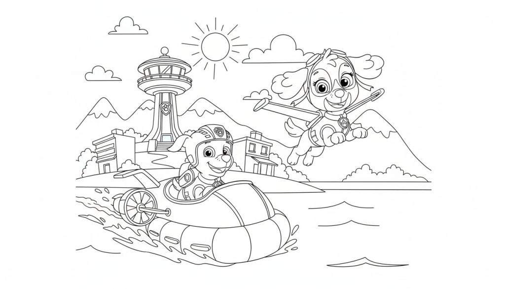 Een vrolijke Paw Patrol kleurplaat met Skye die vliegt en Zuma die in zijn hovercraft over het water vaart, met de iconische uitkijktoren en bergen op de achtergrond.