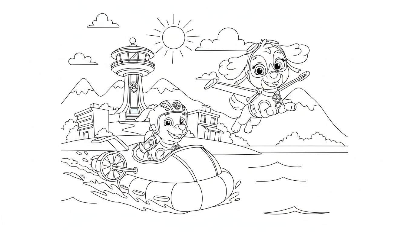 Een vrolijke Paw Patrol kleurplaat met Skye die vliegt en Zuma die in zijn hovercraft over het water vaart, met de iconische uitkijktoren en bergen op de achtergrond.