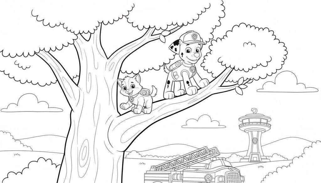 Zwart-wit lijntekening van een Paw Patrol kleurplaat. Centraal staat een grote boom met weelderige bladeren. Links op een tak zit een glimlachende kat of kitten. Rechts op dezelfde tak zit Marshall van Paw Patrol, compleet met zijn rode brandweerhelm en uniform, eveneens glimlachend. Onder de boom is rechtsonder een brandweerwagen te zien met een uitgeschoven ladder die omhoog reikt. Op de achtergrond, op een heuvel, staat de Paw Patrol uitkijktoren onder een lucht met glooiende heuvels en wolken. Een kindvriendelijke en vrolijke scène.