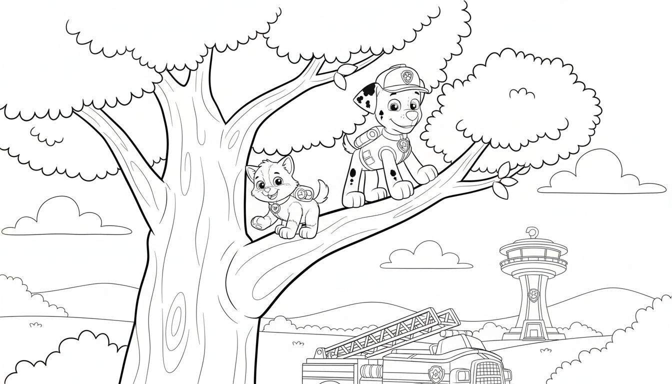 Zwart-wit lijntekening van een Paw Patrol kleurplaat. Centraal staat een grote boom met weelderige bladeren. Links op een tak zit een glimlachende kat of kitten. Rechts op dezelfde tak zit Marshall van Paw Patrol, compleet met zijn rode brandweerhelm en uniform, eveneens glimlachend. Onder de boom i